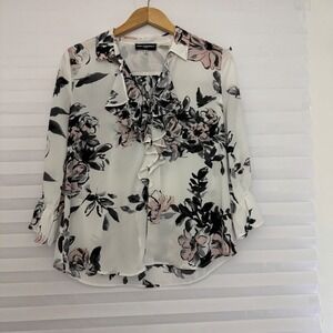Karl Lagerfeld Paris Floral Ruffle Blouse White Pink Black Pearl Accent Medium